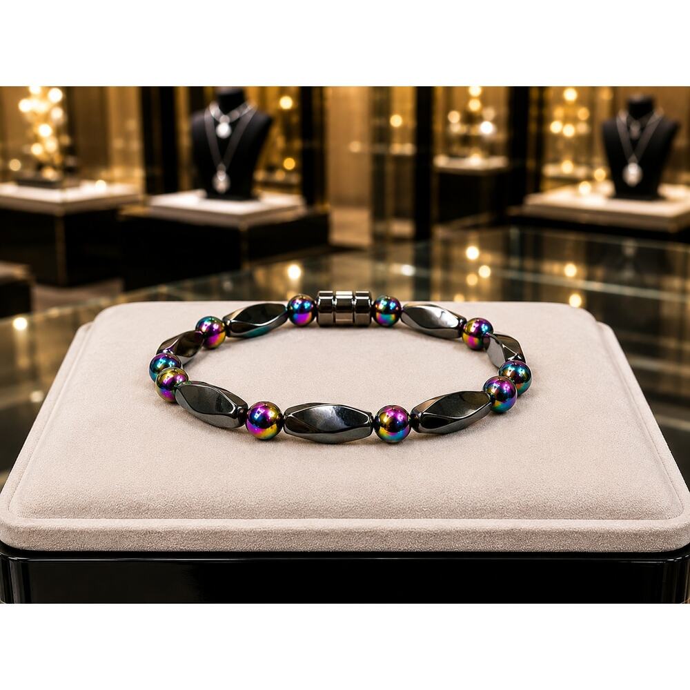 Vintage Magnetic Hematite Bracelet Rainbow Beads Gunmetal Magnetic Clasp 10"
